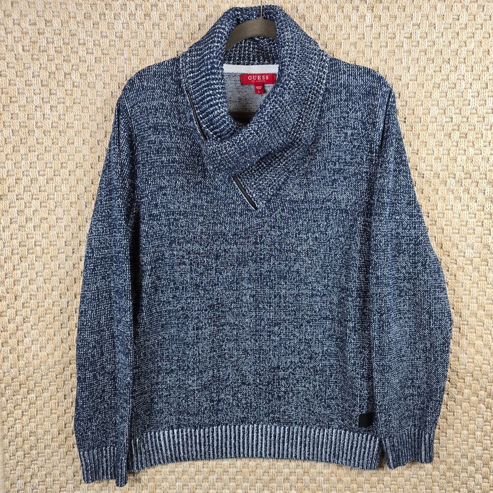 GUESS Blue Knit Shawl Collar Pullover Sweater Quarter Zip Logo Mens Large Cotton